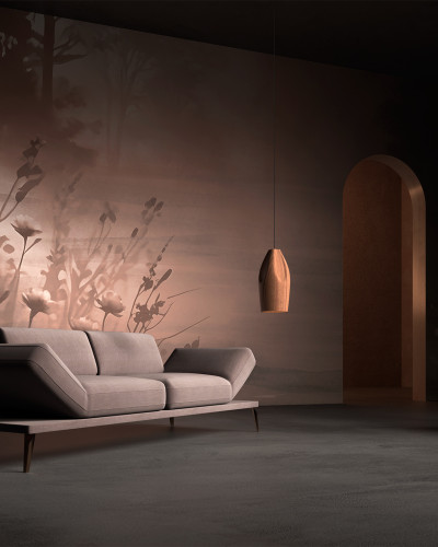 Tapet cu flori delicate în nuanțe de roz și gri, cu un design minimalist. Imaginile florilor se estompează ușor, creând un efect subtil și sofisticat.
