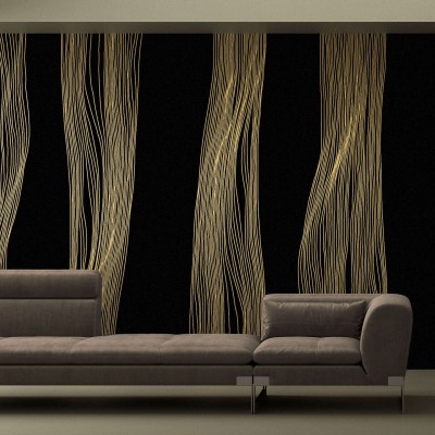 Tapet cu design abstract in linii fine, aurii, pe un fundal negru