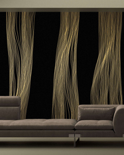 Tapet cu design abstract in linii fine, aurii, pe un fundal negru