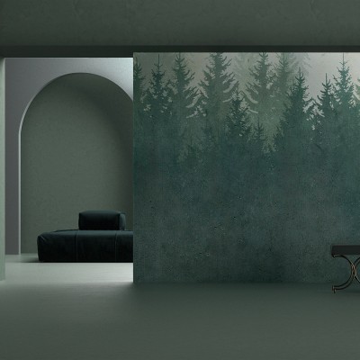 Tapet cu design modern si elegant, cu o imagine a unei păduri dense, care creează un sentiment de liniște și relaxare. Culorile naturale, tonurile de verde și gri, completează perfect un decor modern și elegant.