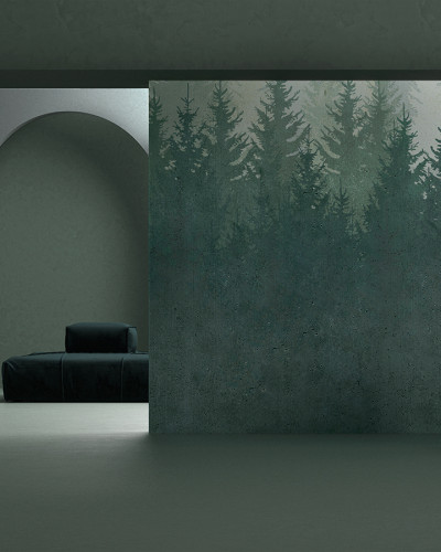 Tapet cu design modern si elegant, cu o imagine a unei păduri dense, care creează un sentiment de liniște și relaxare. Culorile naturale, tonurile de verde și gri, completează perfect un decor modern și elegant.
