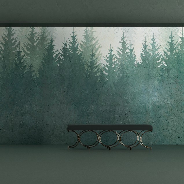 Tapet cu design modern si elegant, cu o imagine a unei păduri dense, care creează un sentiment de liniște și relaxare. Culorile naturale, tonurile de verde și gri, completează perfect un decor modern și elegant.