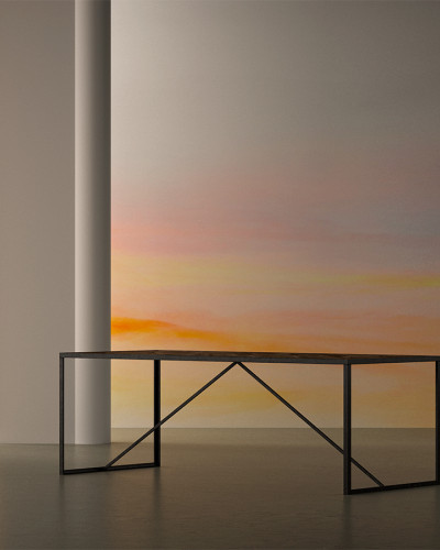 Tapet cu design minimalist cu nuanțe delicate de roz, galben și albastru.