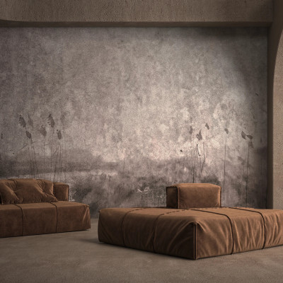 Wallpaper modern cu stil industrial autentic. Design cu un aspect de beton brut si flori delicate.