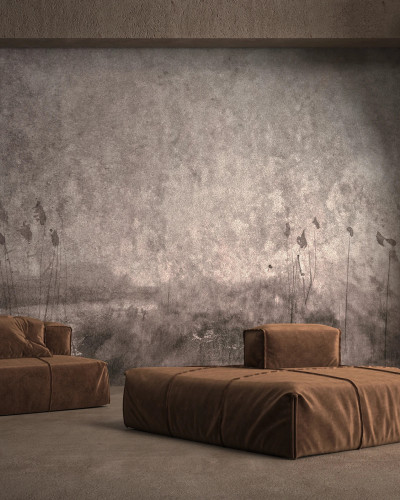 Wallpaper modern cu stil industrial autentic. Design cu un aspect de beton brut si flori delicate.