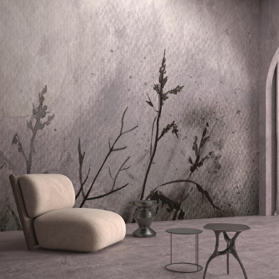 Tapet modern cu design abstract, cu plante gri pe fundal roz