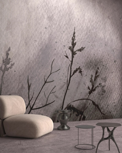 Tapet modern cu design abstract, cu plante gri pe fundal roz
