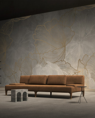 Tapet cu motive florale delicate in nuante de gri si auriu