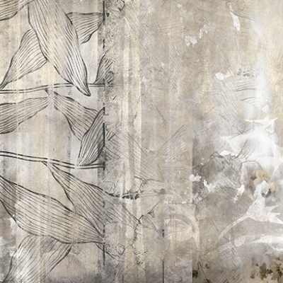 Wallpaper Romantic Traces cu design minimalist, flori delicate și nuanțe de gri și bej.