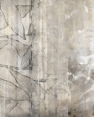 Wallpaper Romantic Traces cu design minimalist, flori delicate și nuanțe de gri și bej.