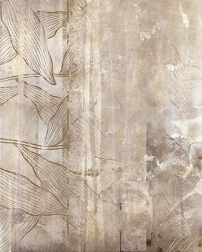 Tapet cu design minimalist, cu linii fine si aspect vintage, cu contururi subtile de frunze, in tonuri neutre.