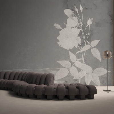 Tapet cu texturi de sol, flori albe pe un fond gri, design minimalist