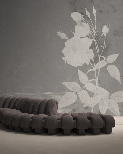 Tapet cu texturi de sol, flori albe pe un fond gri, design minimalist