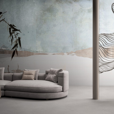 Tapet cu design minimalist, cu păsări și elemente geometrice, ideal pentru decorarea unui living modern.