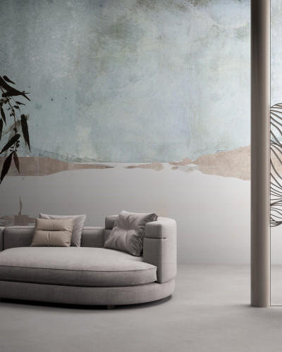 Tapet cu design minimalist, cu păsări și elemente geometrice, ideal pentru decorarea unui living modern.