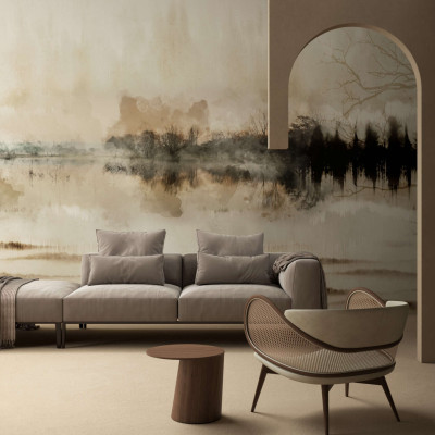 Tapet modern cu peisaj abstract in tonuri de gri, bej si maro, cu un lac si copaci. Perfect pentru un living modern.