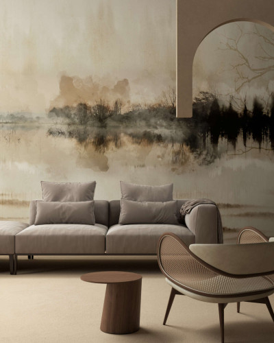 Tapet modern cu peisaj abstract in tonuri de gri, bej si maro, cu un lac si copaci. Perfect pentru un living modern.