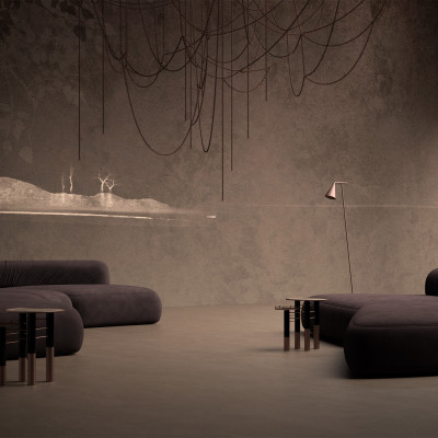 Tapet modern cu design minimalist, in nuante de maro închis, cu un desen abstract în relief.