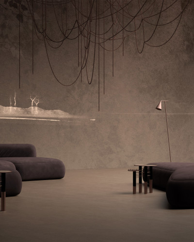 Tapet modern cu design minimalist, in nuante de maro închis, cu un desen abstract în relief.