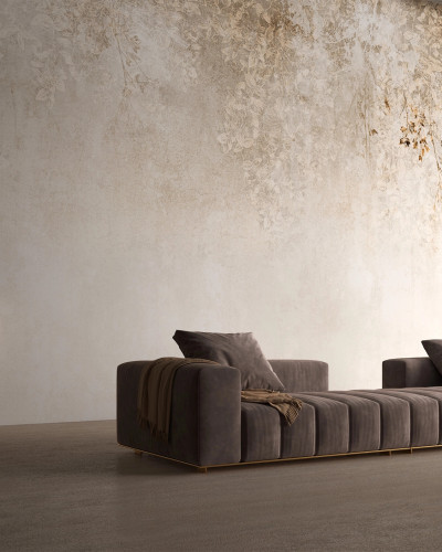 Tapet decorativ cu design minimalist, cu ramuri de plante imprimate pe fundal gri deschis.