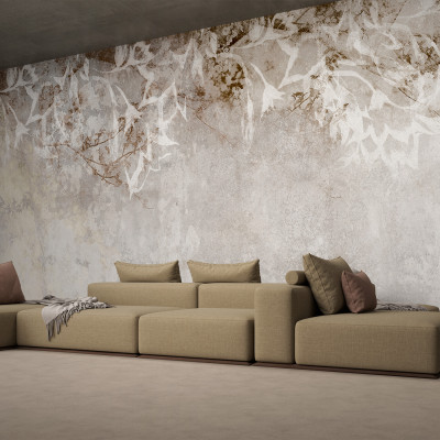 Tapet modern cu design vintage si texturat, cu un design subtil de crengute albe pe un fundal gri.