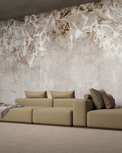 Tapet modern cu design vintage si texturat, cu un design subtil de crengute albe pe un fundal gri.