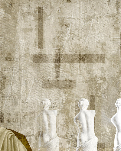 Tapet cu design abstract, cu figuri de torsuri feminine, in tonuri de gri, argintiu si auriu.