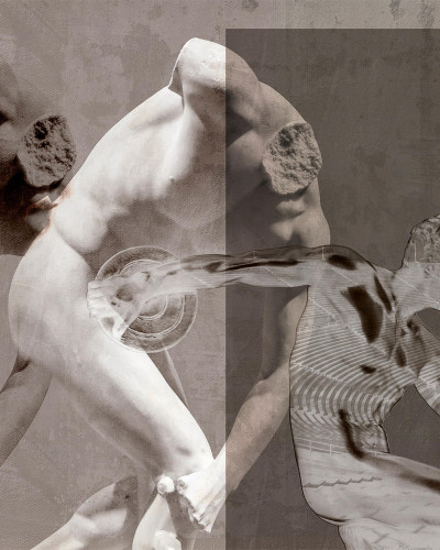 Tapet cu design modern abstract, cu sculpturi clasice în tonuri de gri și alb