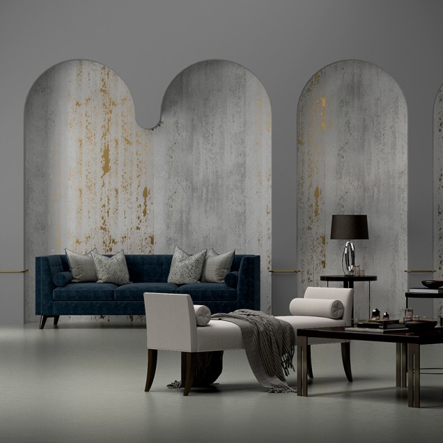 Wallpaper cu aspect de beton brut, cu accente aurii