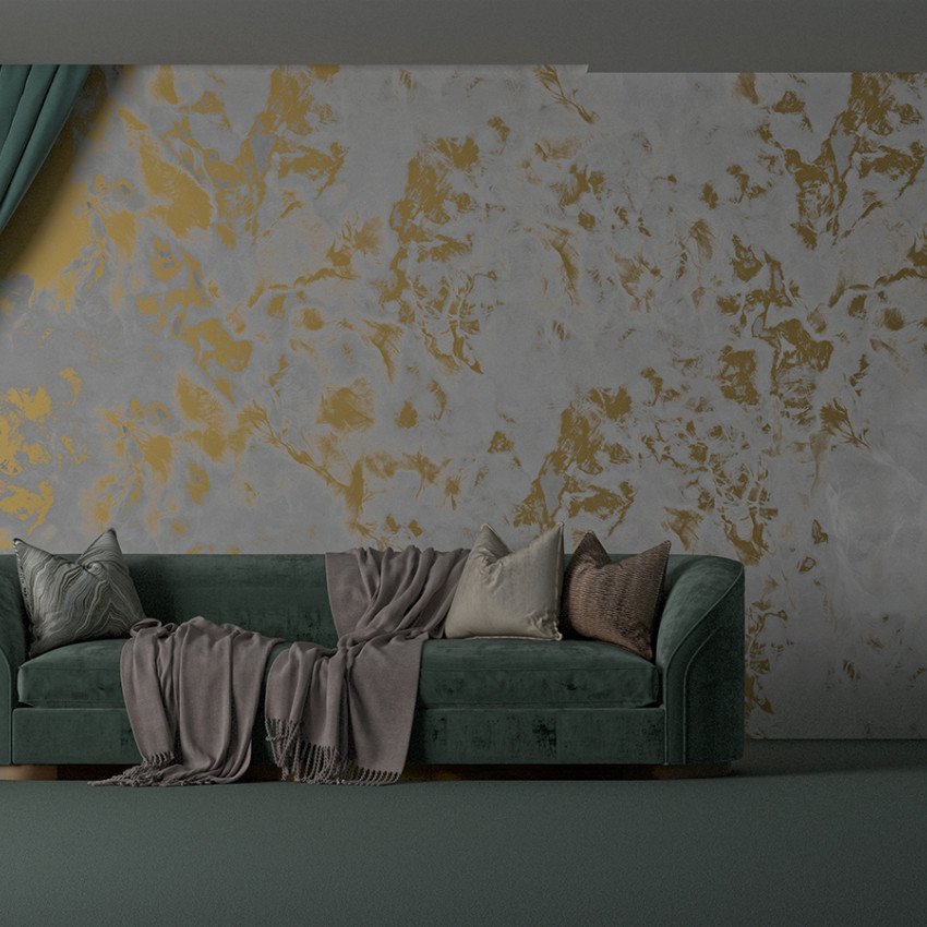 Imagine cu un tapet cu textura beton, in nuante de gri argintiu, cu accente de alb. Tapetul este perfect pentru living, dormitor, hol sau birou.