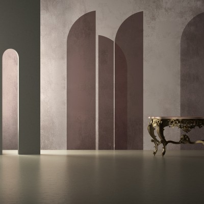 Tapet modern cu design abstract, linii curbate și o paletă de culori neutre.