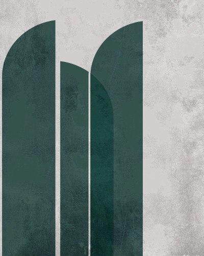 Tapet cu design geometric modern si minimalist, cu elemente grafice in nuante de gri si verde pe un fond alb.