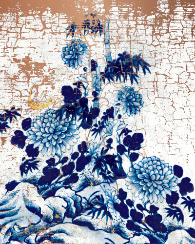 Wallpaper cu design minimalist inspirat din arta tradițională japoneză.  O pasăre așezată pe o ramură de bambus, într-un decor ce evocă liniștea și armonia naturii.