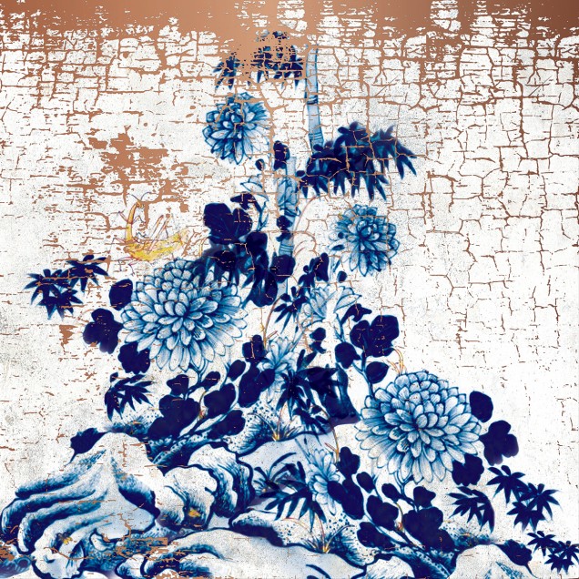 Wallpaper cu design minimalist inspirat din arta tradițională japoneză.  O pasăre așezată pe o ramură de bambus, într-un decor ce evocă liniștea și armonia naturii.
