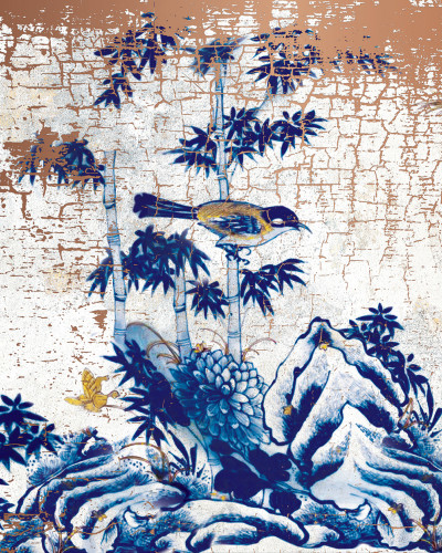 Wallpaper cu design minimalist inspirat din arta tradițională japoneză.  O pasăre așezată pe o ramură de bambus, într-un decor ce evocă liniștea și armonia naturii.