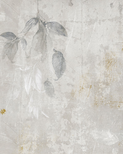 Tapet cu design modern, in nuante de gri si auriu, cu frunze decorative