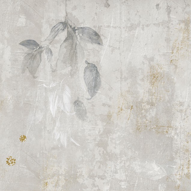 Tapet cu design modern, in nuante de gri si auriu, cu frunze decorative