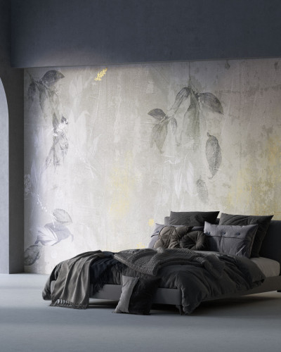 Tapet cu design modern, in nuante de gri si auriu, cu frunze decorative