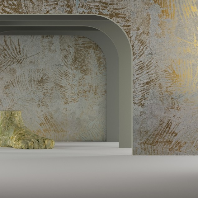 Tapet modern cu frunze aurii, design minimalist, perfect pentru living, dormitor sau hol.
