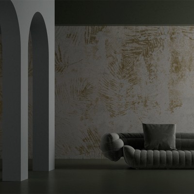 Tapet modern cu frunze aurii, design minimalist, perfect pentru living, dormitor sau hol.