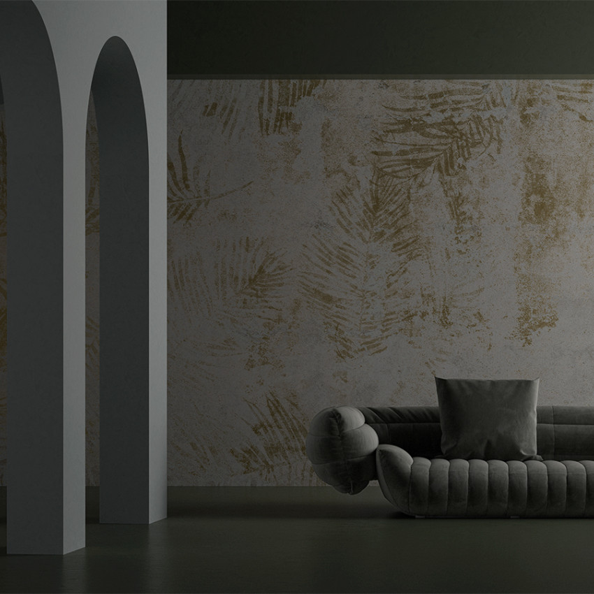 Tapet modern cu frunze aurii, design minimalist, perfect pentru living, dormitor sau hol.