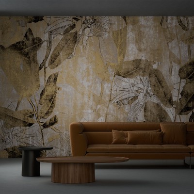 Tapet cu design floral modern, in culori aurii si gri