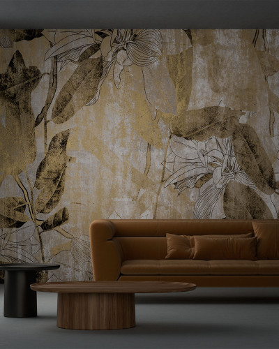 Tapet cu design floral modern, in culori aurii si gri
