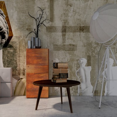 Tapet cu design abstract, cu figuri de torsuri feminine, in tonuri de gri, argintiu si auriu.