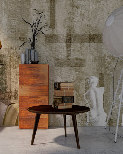Tapet cu design abstract, cu figuri de torsuri feminine, in tonuri de gri, argintiu si auriu.