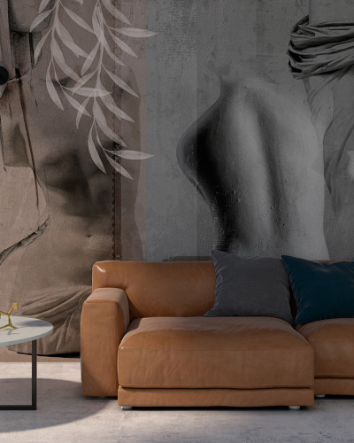 Tapet cu design abstract ce prezintă torsouri umane în tonuri de gri.
