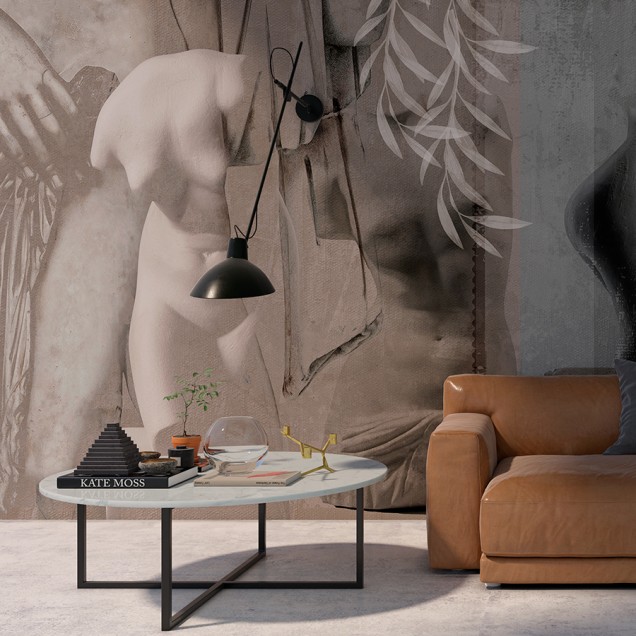 Tapet cu design abstract ce prezintă torsouri umane în tonuri de gri.