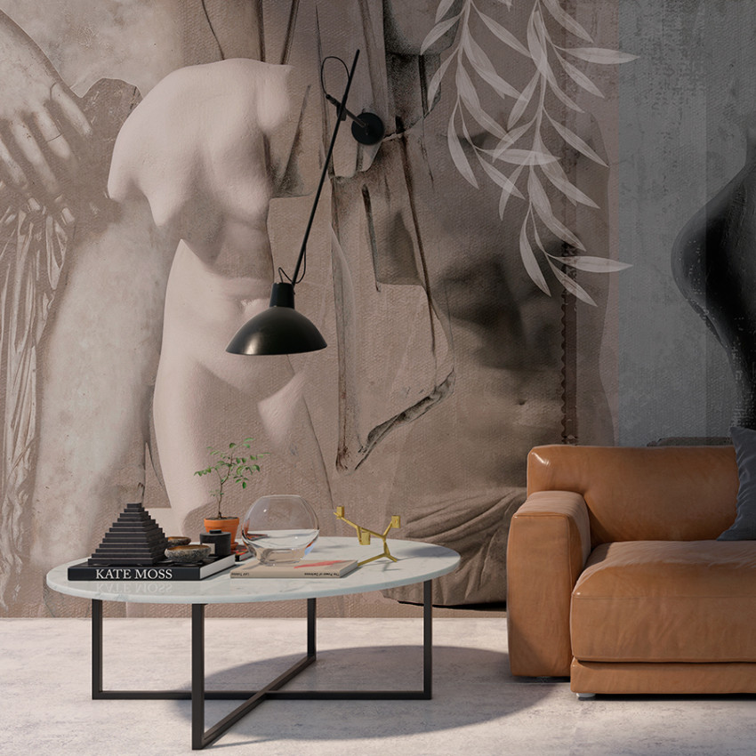 Tapet modern cu design abstract, prezentând torse de marmură din Grecia antică în nuanțe de alb și albastru deschis.