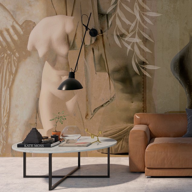 Tapet modern cu design artistic, reprezentând torsuri de statui antice.