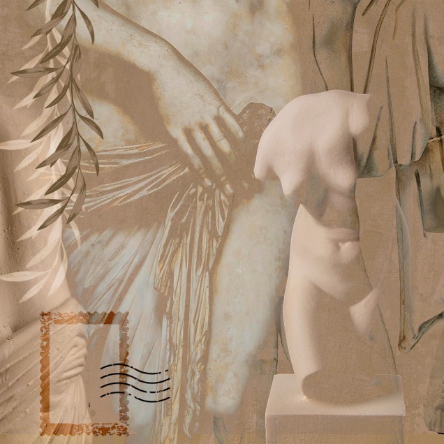 Tapet modern cu design artistic, reprezentând torsuri de statui antice.
